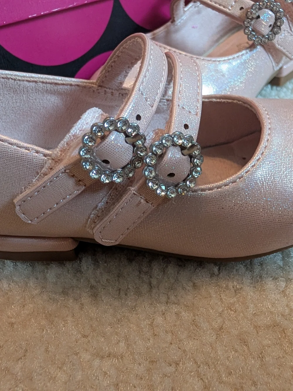 Rose gold pink shiny metallic 2 velcro strap ballerina flats shoes toddler sz 6